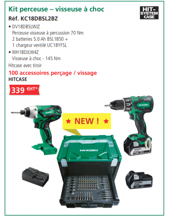 Twin pack Perceuse + Visseuse à choc - 18V 5.0 Ah - KC18DBSL2BZ - HITACHI