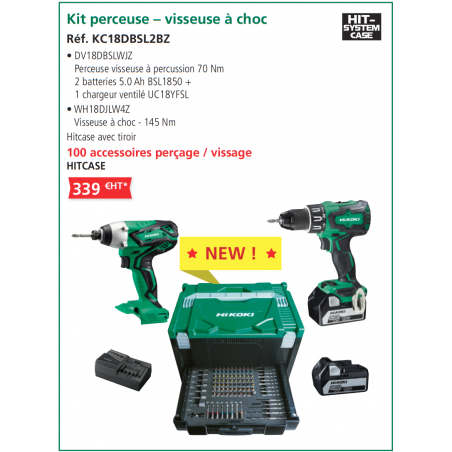 Twin pack Perceuse + Visseuse à choc - 18V 5.0 Ah - KC18DBSL2BZ - HITACHI